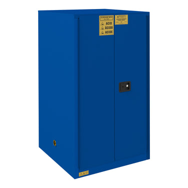 FM Approved, Corrosive Storage Cabinet, 55 Gallon Drum, 2 Doors, Manual Close, 1 Shelf, 1 Plastic Trays, Blue